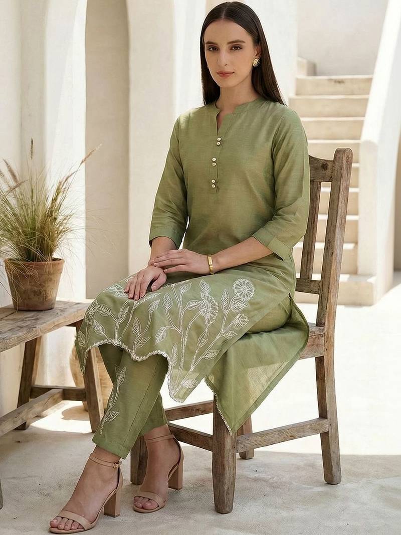 Women Floral Embroidered Regular Thread Work Kurta with Trousers