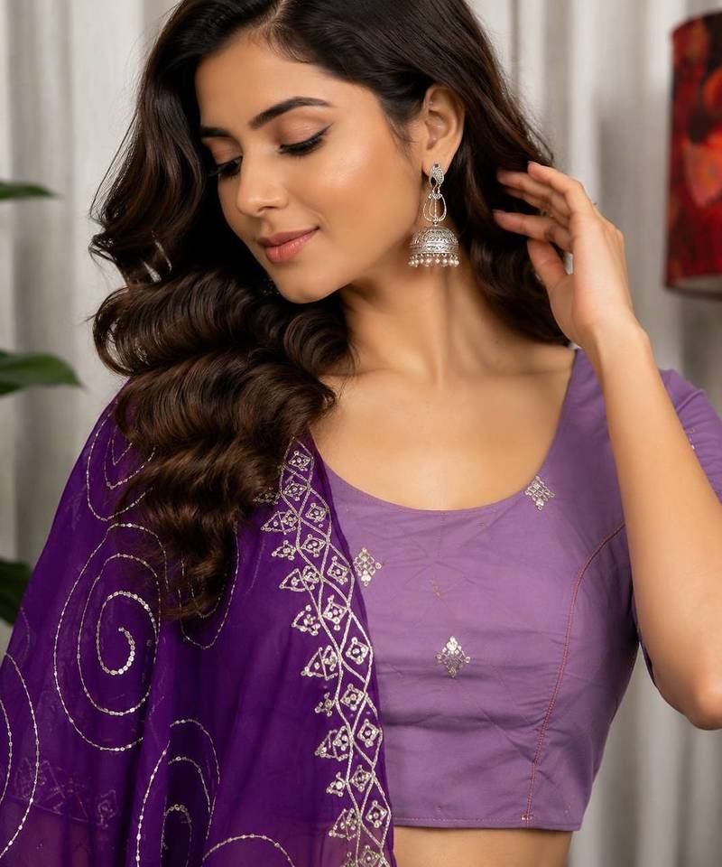 Lavender Embroidery and sequins Aari mirror Silk Blend Lahenga Choli Set