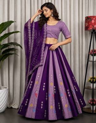 Lavender Embroidery and sequins Aari mirror Silk Blend Lahenga Choli Set 1