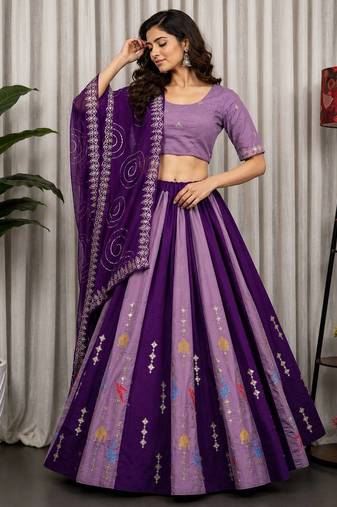 Lavender Embroidery and sequins Aari mirror Silk Blend Lahenga Choli Set