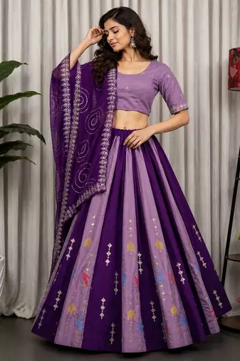 Lavender Embroidery and sequins Aari mirror Silk Blend Lahenga Choli Set