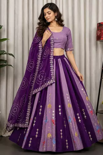 Lavender Embroidery and sequins Aari mirror Silk Blend Lahenga Choli Set