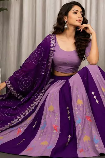 Lavender Embroidery and sequins Aari mirror Silk Blend Lahenga Choli Set