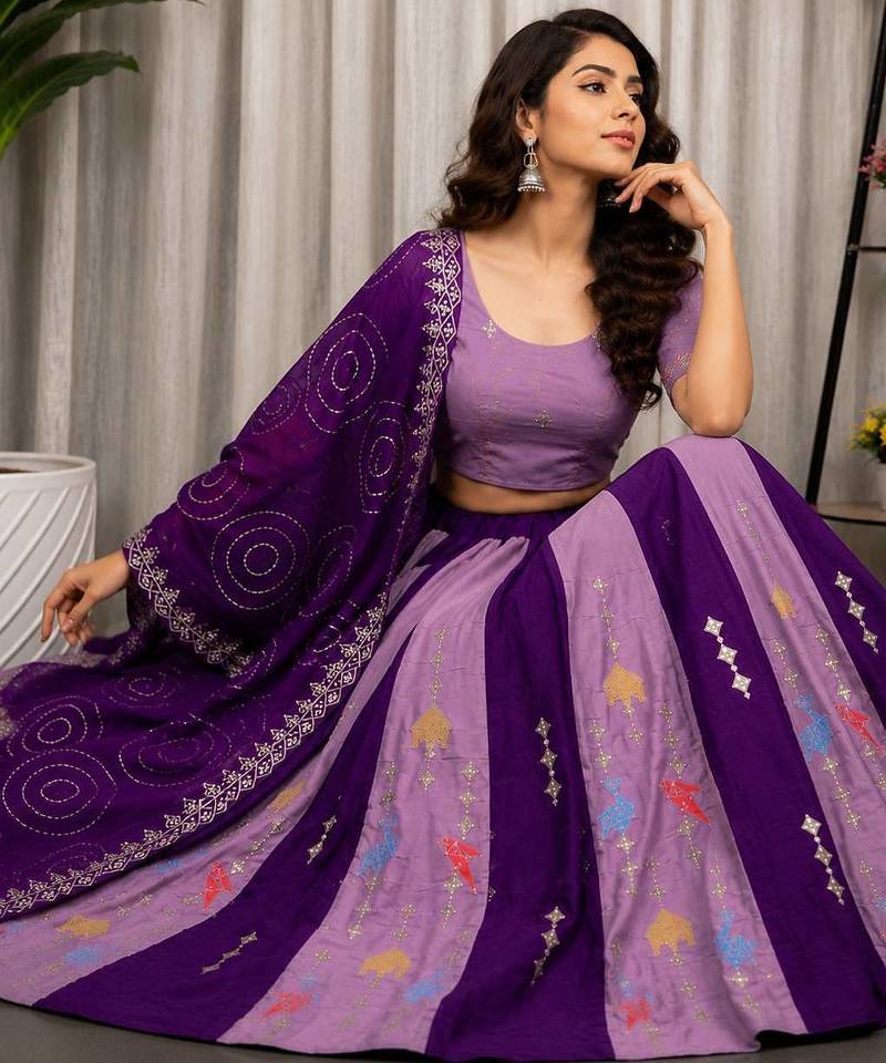 Lavender Embroidery and sequins Aari mirror Silk Blend Lahenga Choli Set