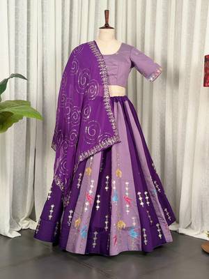 Lavender Embroidery and sequins Aari mirror Silk Blend Lahenga Choli Set 5