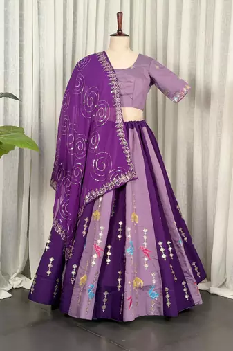 Lavender Embroidery and sequins Aari mirror Silk Blend Lahenga Choli Set