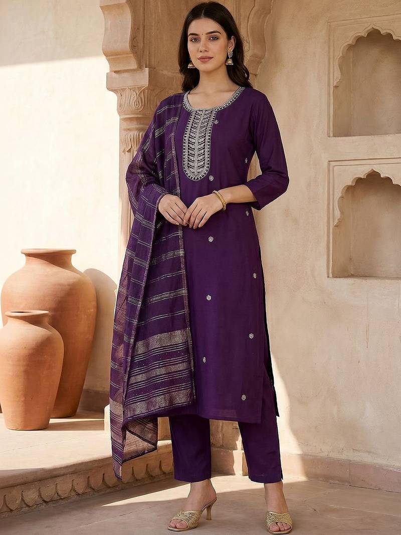 Women Ethnic Motifs Embroidered Regular Thread Work Kurta with Trousers & With Dupatta
