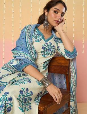 Women Floral Printed Regular Pure Cotton Kurta with Trousers & With Dupatta 6