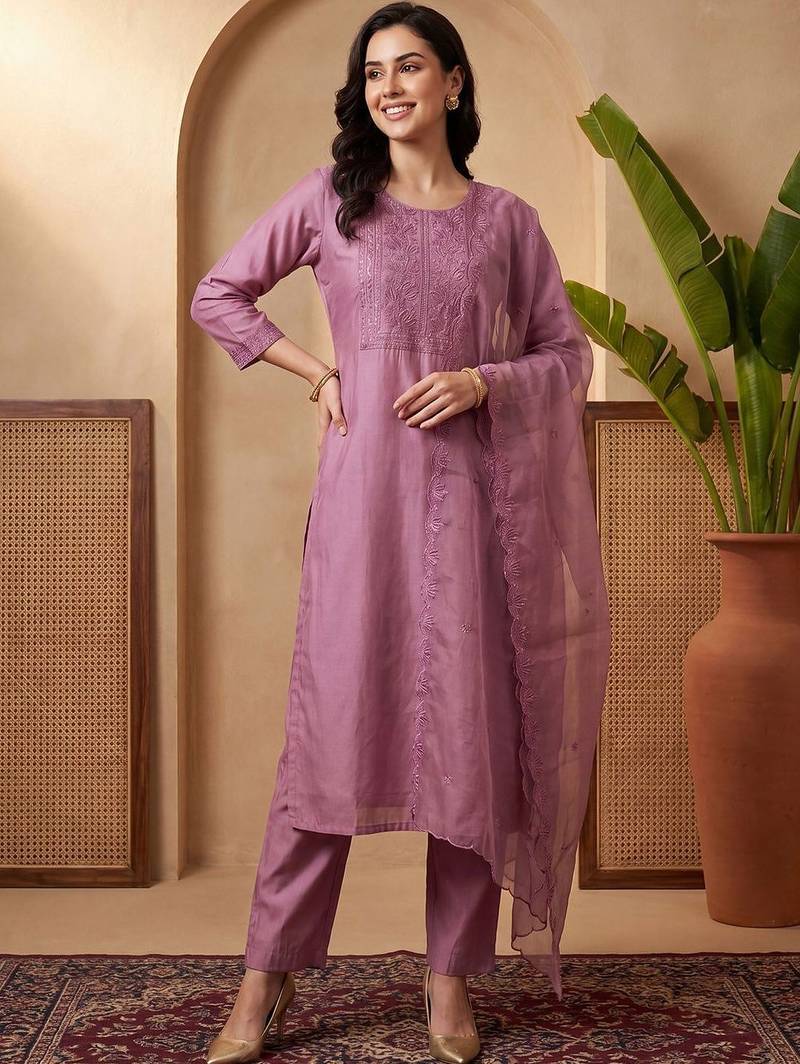 Women Ethnic Motifs Embroidered Regular Thread Work Kurta with Trousers & With Dupatta