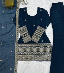 Teal blue embroidered short kurta & sharara set