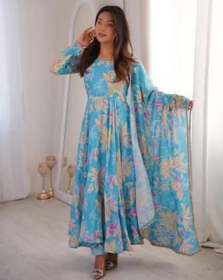 Sky blue floral anarkali dress with dupatta 1