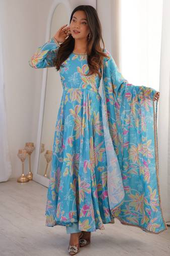 Sky blue floral anarkali dress with dupatta