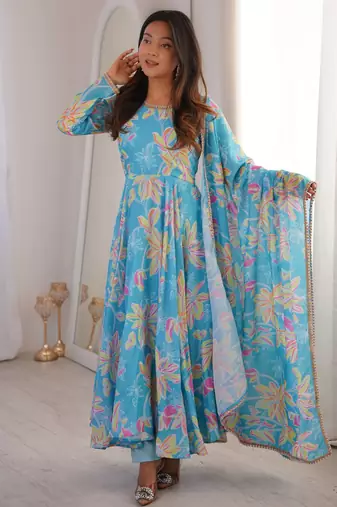 Sky blue floral anarkali dress with dupatta