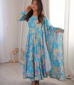 Sky blue floral anarkali dress with dupatta