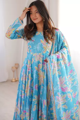 Sky blue floral anarkali dress with dupatta