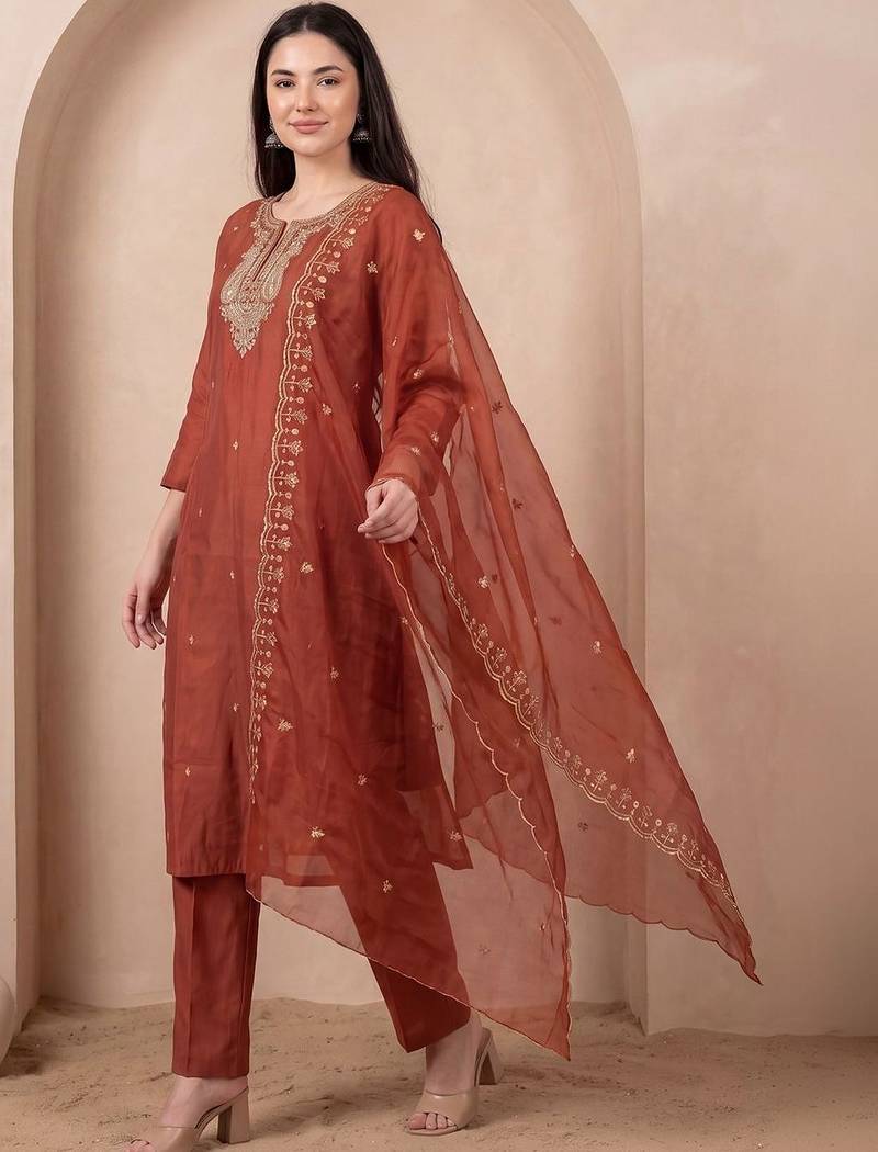 Women Ethnic Motifs Embroidered Regular Thread Work Kurta with Trousers & With Dupatta
