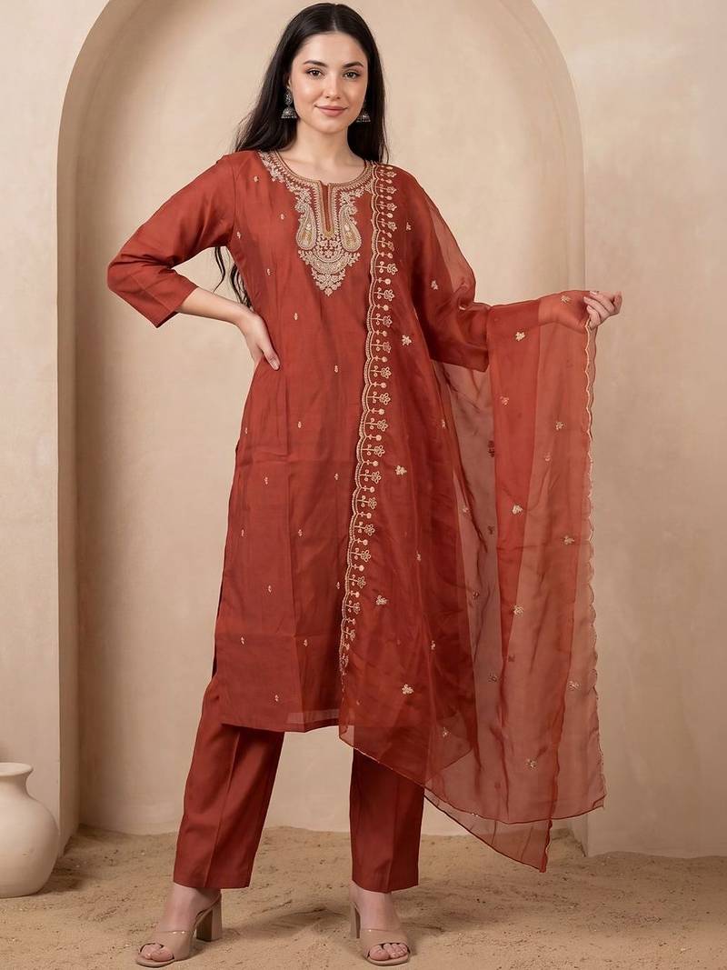 Women Ethnic Motifs Embroidered Regular Thread Work Kurta with Trousers & With Dupatta
