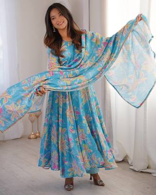Sky blue floral anarkali dress with dupatta 3