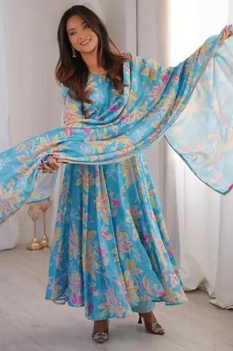 Sky blue floral anarkali dress with dupatta