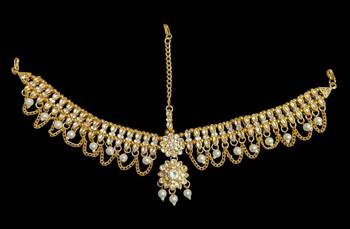 white color kundan & agate stone maang tikka | gold plated 2