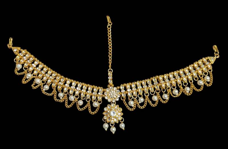 white color kundan & agate stone maang tikka | gold plated