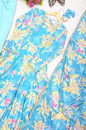Sky blue floral anarkali dress with dupatta