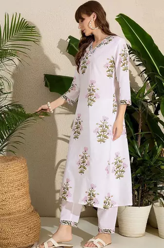 Women Floral Printed Pure Cotton A-Line Kurta with Trousers