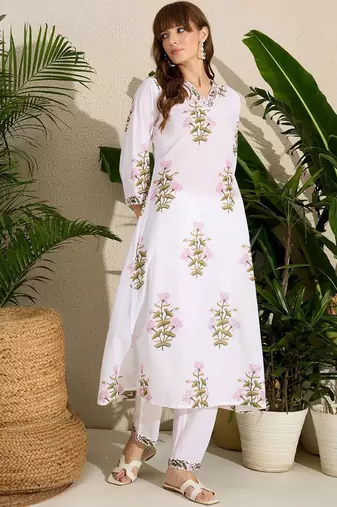 Women Floral Printed Pure Cotton A-Line Kurta with Trousers