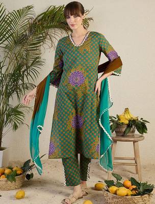 Women Floral Printed Regular Beads and Stones Kurta with Trousers & With Dupatta 2