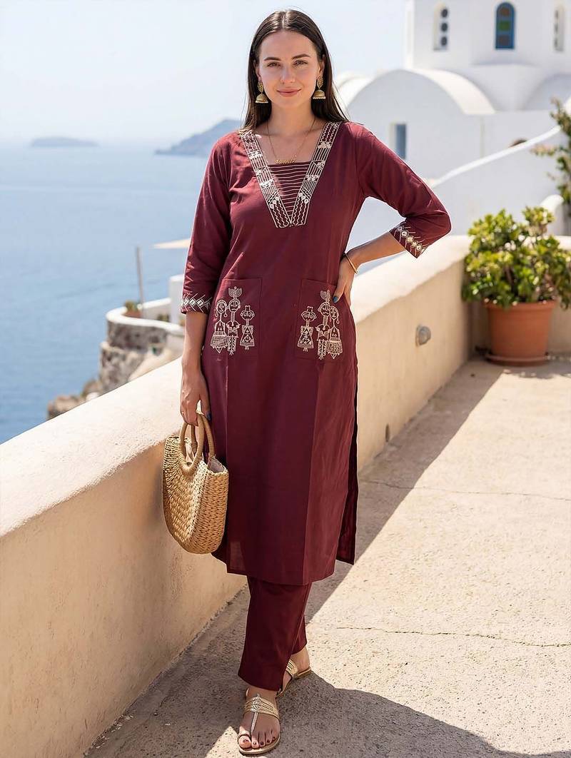 Women Ethnic Motifs Embroidered Regular Thread Work Pure Cotton Kurta with Trousers