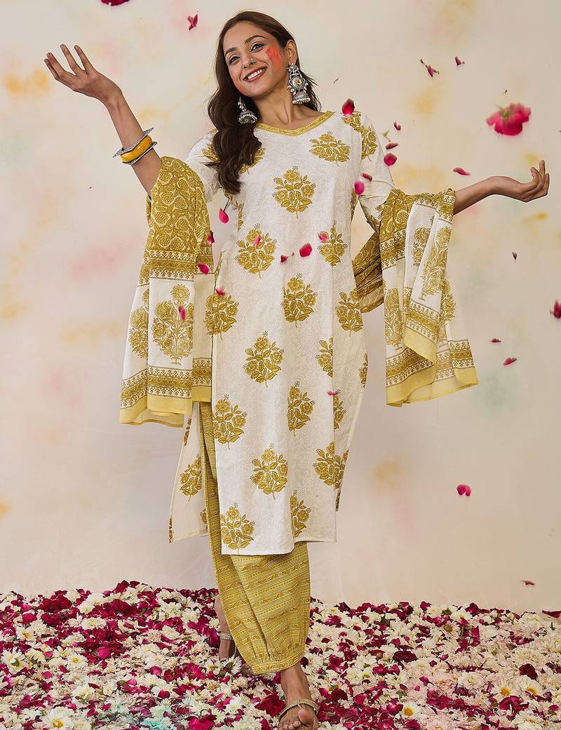 Women Ethnic Motifs Printed Regular Pure Cotton Kurta with Salwar & With Dupatta
