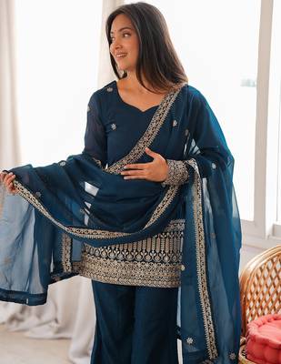 Teal blue embroidered short kurta & sharara set 3
