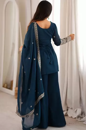 Teal blue embroidered short kurta & sharara set