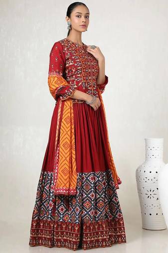Red Navratri Dress Muslin Chaniya Choli
