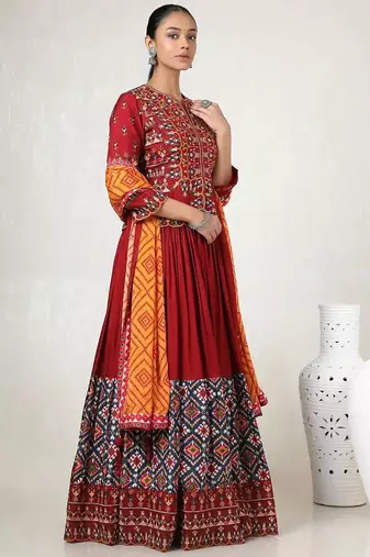 Red Navratri Dress Muslin Chaniya Choli