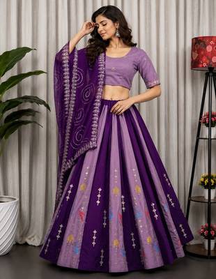 Purple Embroidered Roman Silk Blend Navratri Lehenga Choli Set 1