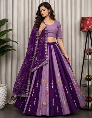 Purple Embroidered Roman Silk Blend Navratri Lehenga Choli Set 2