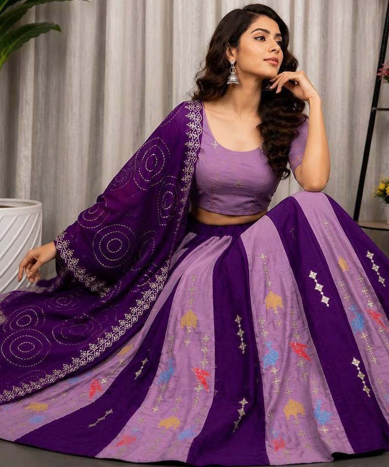 Purple Embroidered Roman Silk Blend Navratri Lehenga Choli Set