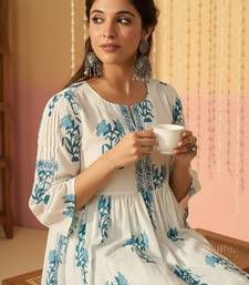 Floral Printed Empire V-Neck Pure Cotton A-Line Kurta with Trousers