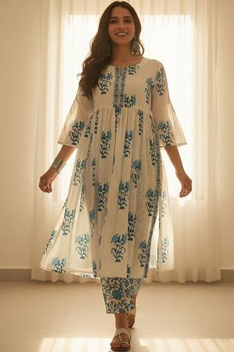 Floral Printed Empire V-Neck Pure Cotton A-Line Kurta with Trousers