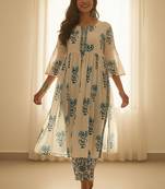 Floral Printed Empire V-Neck Pure Cotton A-Line Kurta with Trousers