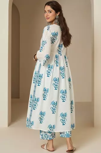 Floral Printed Empire V-Neck Pure Cotton A-Line Kurta with Trousers
