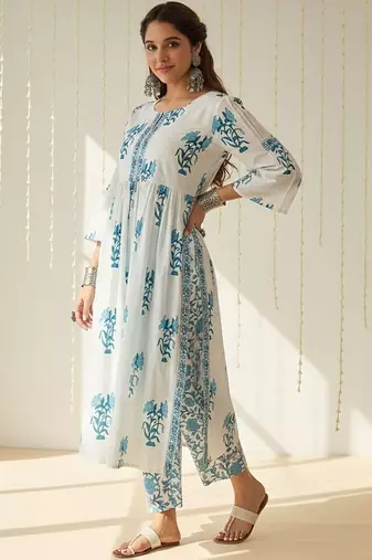 Floral Printed Empire V-Neck Pure Cotton A-Line Kurta with Trousers