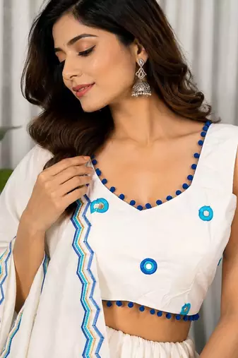 White Embroidery and sequins Aari mirror Vichitra Silk Blend Lahenga Choli Set 