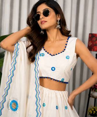 White Embroidery and sequins Aari mirror Vichitra Silk Blend Lahenga Choli Set  2
