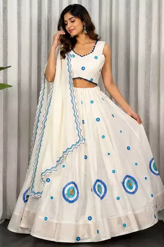 White Embroidery and sequins Aari mirror Vichitra Silk Blend Lahenga Choli Set 