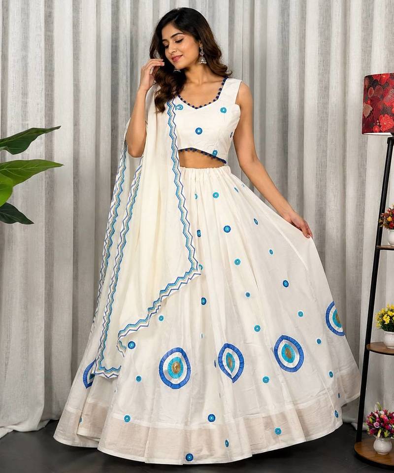 White Embroidery and sequins Aari mirror Vichitra Silk Blend Lahenga Choli Set 