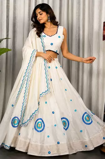 White Embroidery and sequins Aari mirror Vichitra Silk Blend Lahenga Choli Set 
