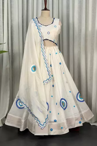 White Embroidery and sequins Aari mirror Vichitra Silk Blend Lahenga Choli Set 