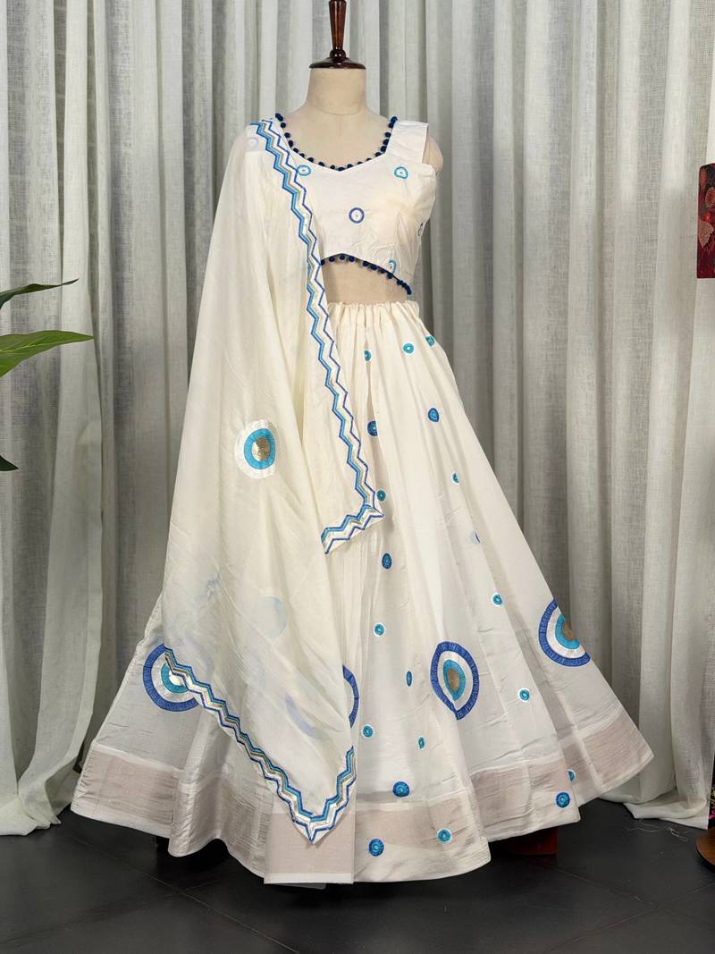 White Embroidery and sequins Aari mirror Vichitra Silk Blend Lahenga Choli Set 